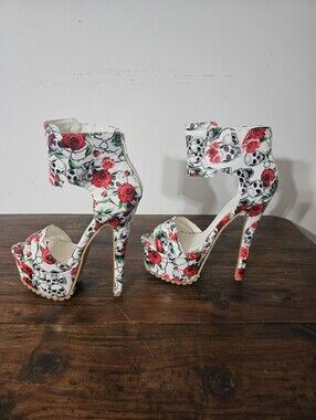 White Floral & Skull Platform Ankle-Strap Heels